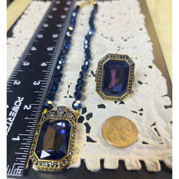 Vintage Style Gold & Blue-Blacl Crystal Necklace & Ring Set With Faceted Beads - - Picture 9 of 11